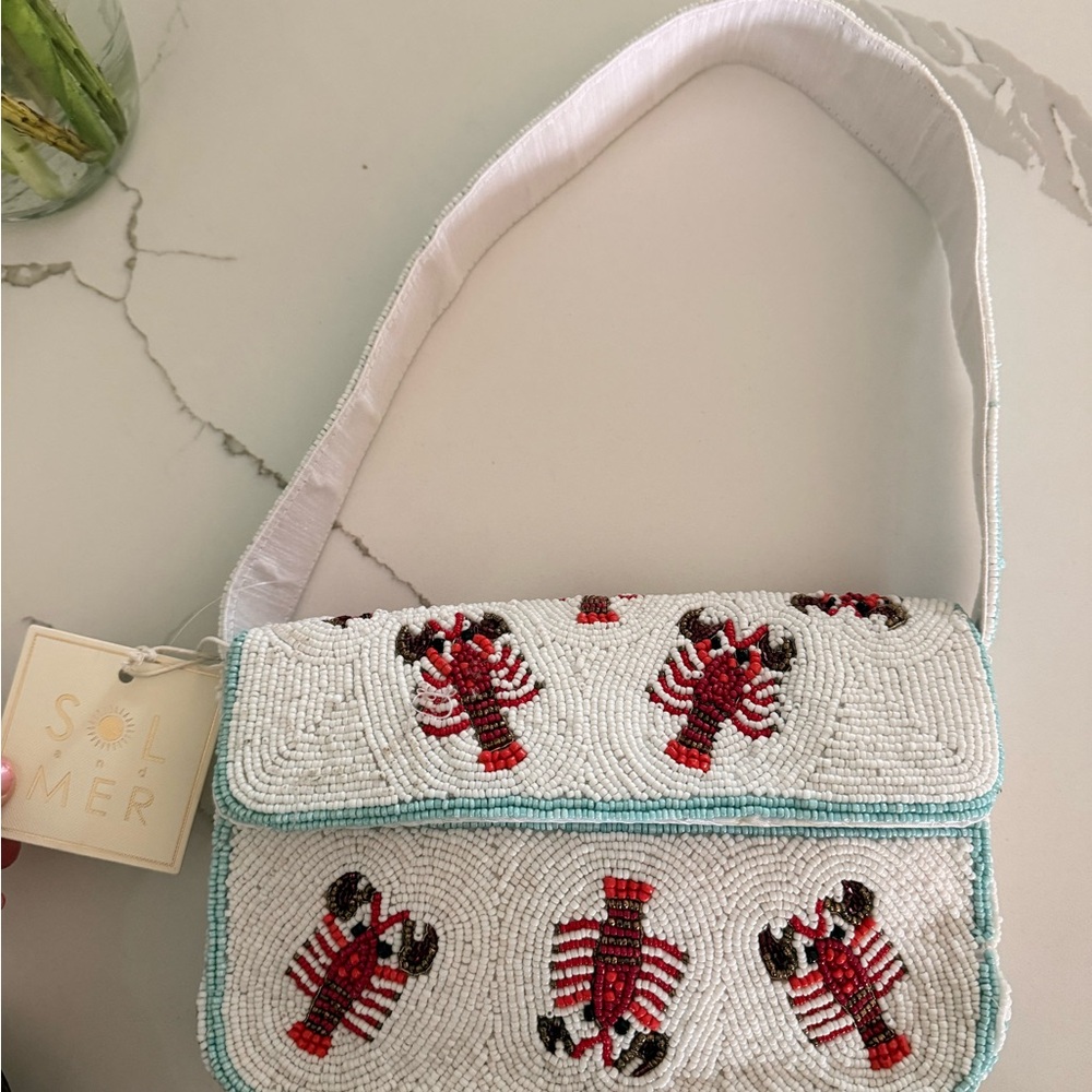 White and Red Beaded Lobster Bag